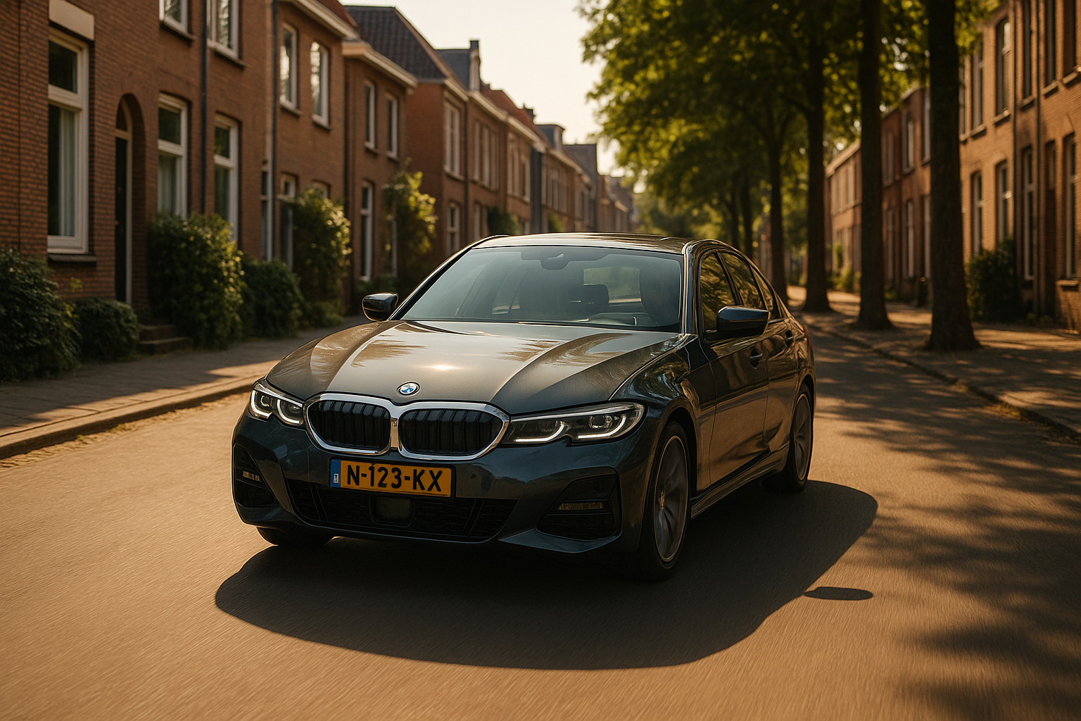 Moderne auto rijdt door zonnige straat